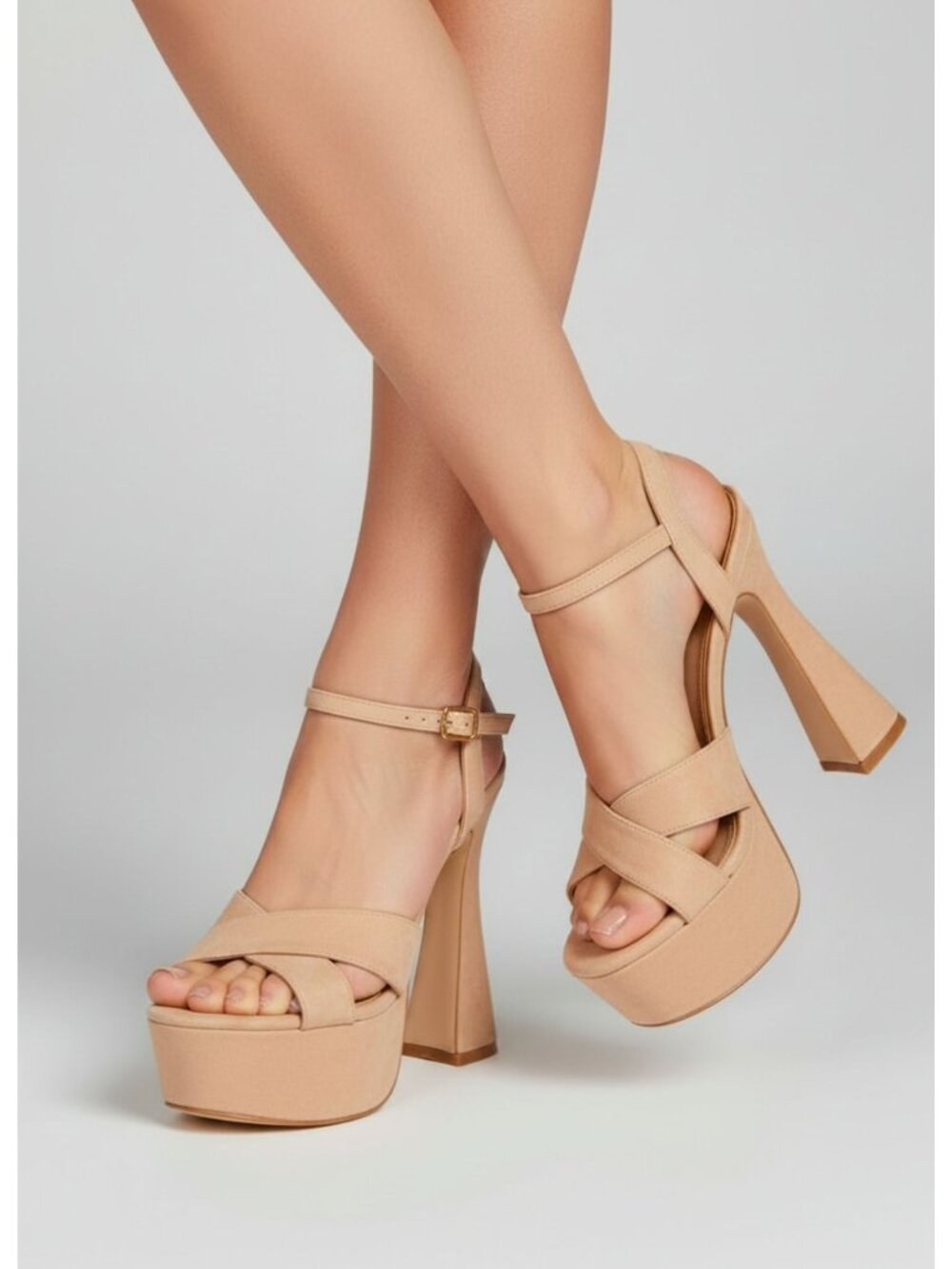 High Heel Nude Platform Sandals With Ankle Strap Open Toe And Cross Band Design